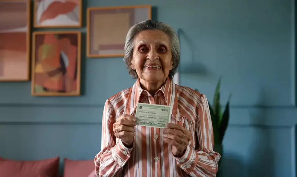Mulher idosa segurando documento eleitoral