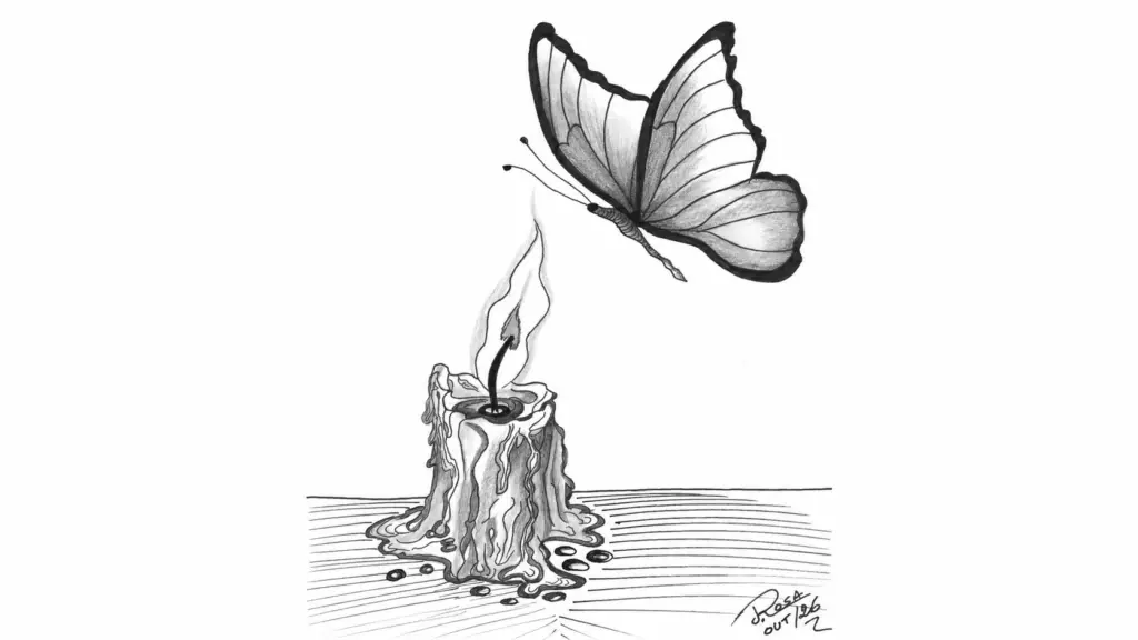 A vela e a borboleta: desenho de José Rosa Soares Filho, com uma borboleta próxima à chama de uma vela.