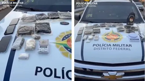 Material apreendido exposto sobre viatura da PMDF em duas fotografias