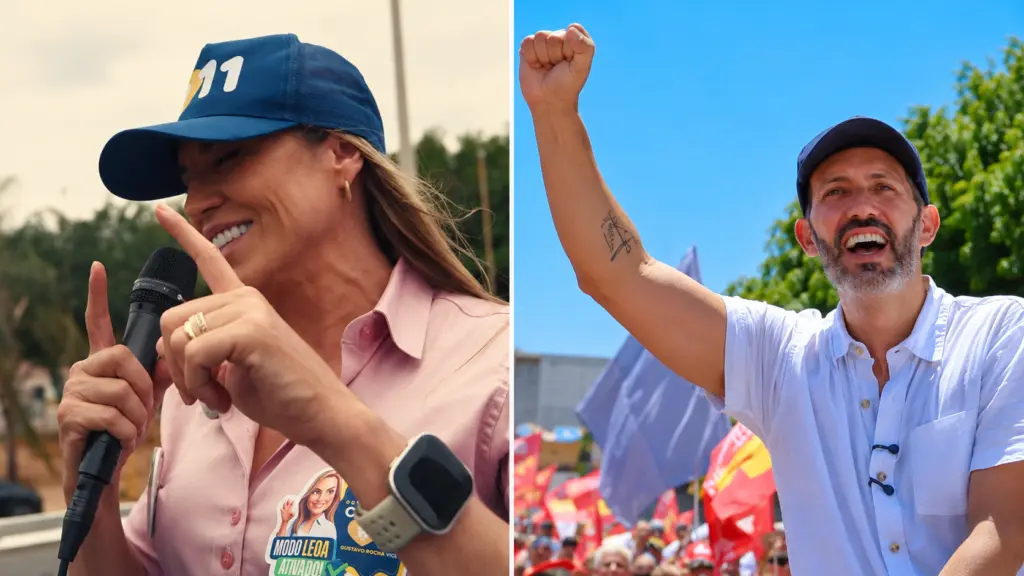 Composição: Celina Leão à esquerda e Leandro Grass à direita, em duas metades iguais