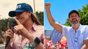 Composição: Celina Leão à esquerda e Leandro Grass à direita, em duas metades iguais