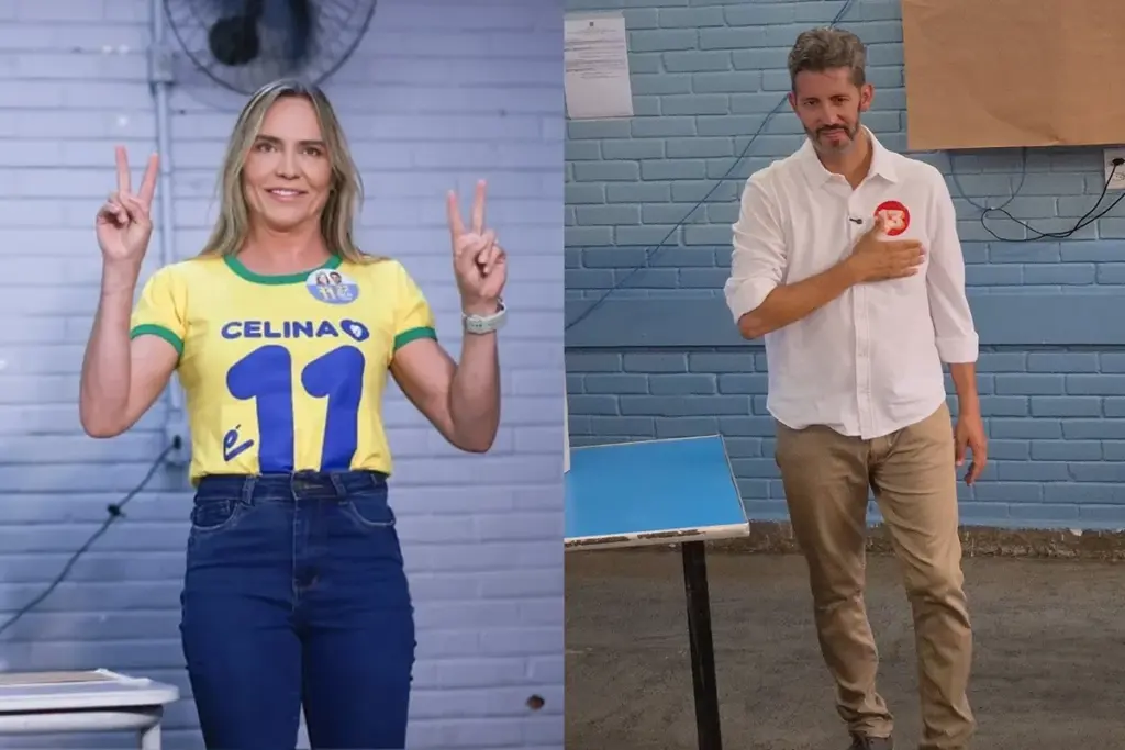 Celina Leão e Leandro Grass em imagens da cobertura da votação do segundo turno no Distrito Federal, em 25 de outubro de 2026.