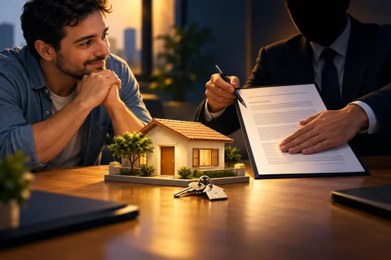 Ilustração de consumidor diante de uma casa em miniatura e de um vendedor que encobre parte de um contrato.