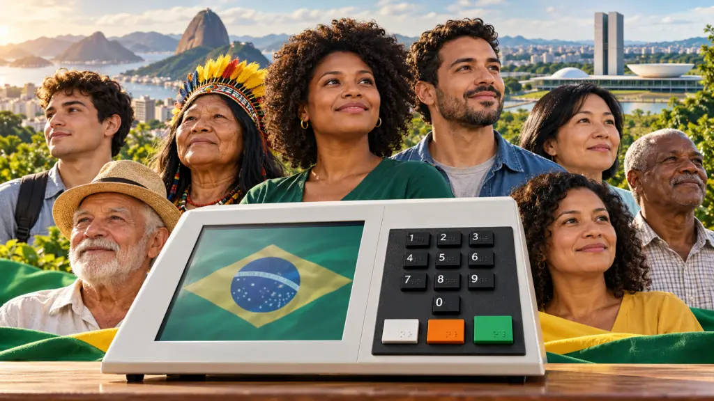 Montagem ilustrativa gerada por IA: urna eletrônica diante de pessoas de diferentes raças e idades, simbolizando a democracia brasileira.