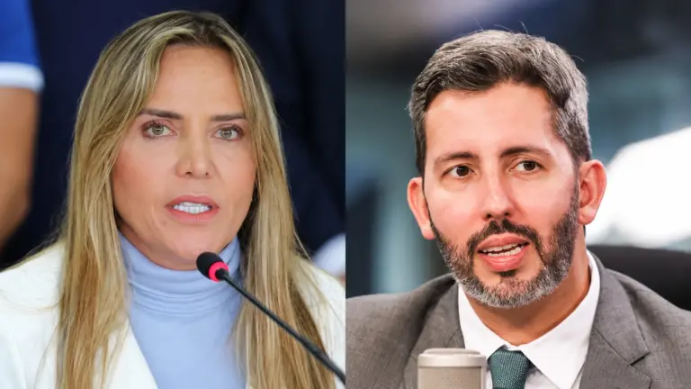 Composição de retratos: Celina Leão à esquerda e Leandro Grass à direita.