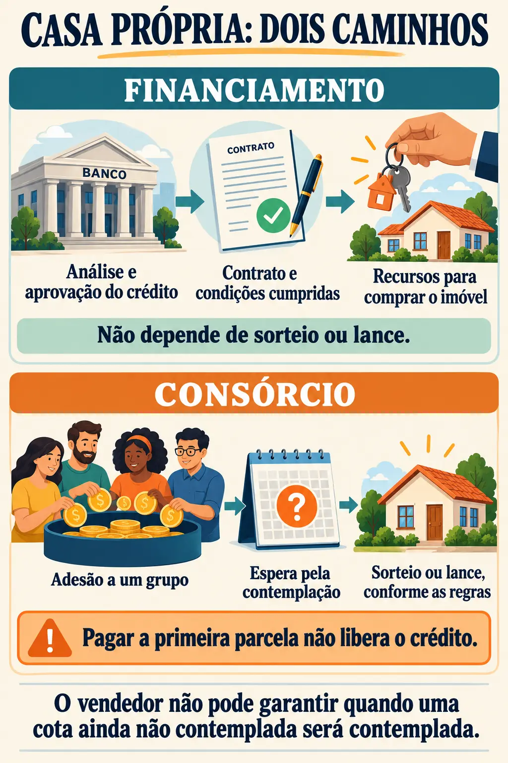 Comparação ilustrada: financiamento exige aprovação e condições contratuais; consórcio exige contemplação por sorteio ou lance. A primeira parcela não libera o crédito.