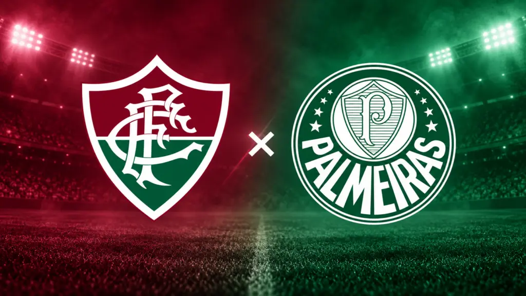 Escudos do Fluminense e do Palmeiras lado a lado em ilustração editorial