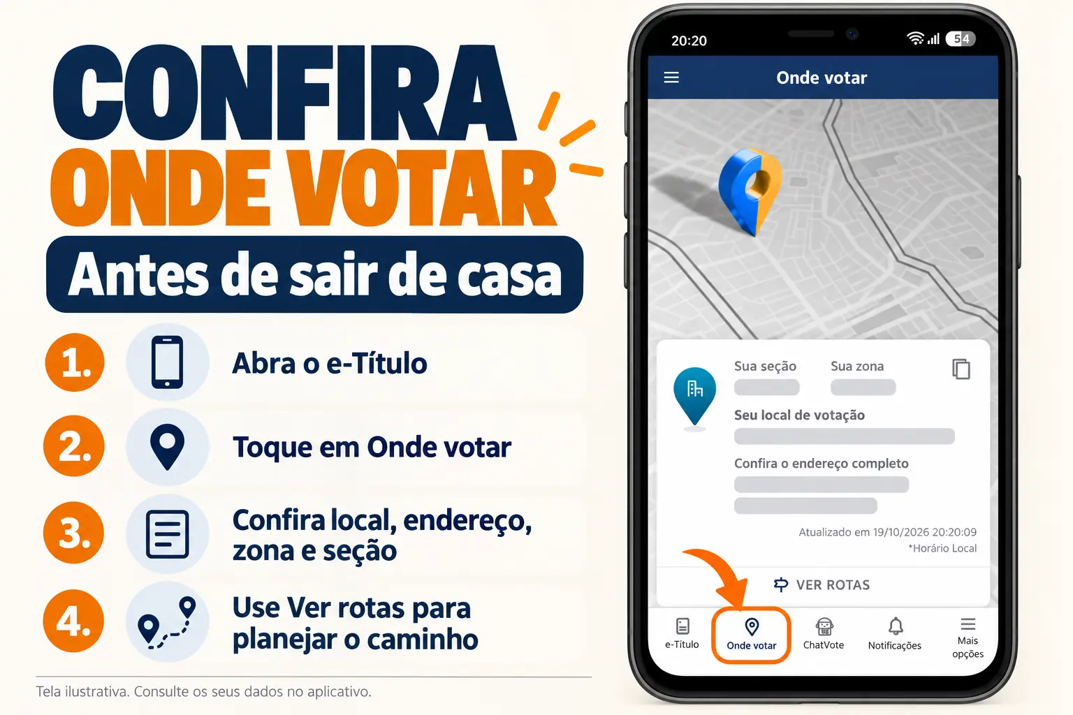 Passo a passo no e-Título: toque em Onde votar, confira local, endereço, zona e seção e use Ver rotas.