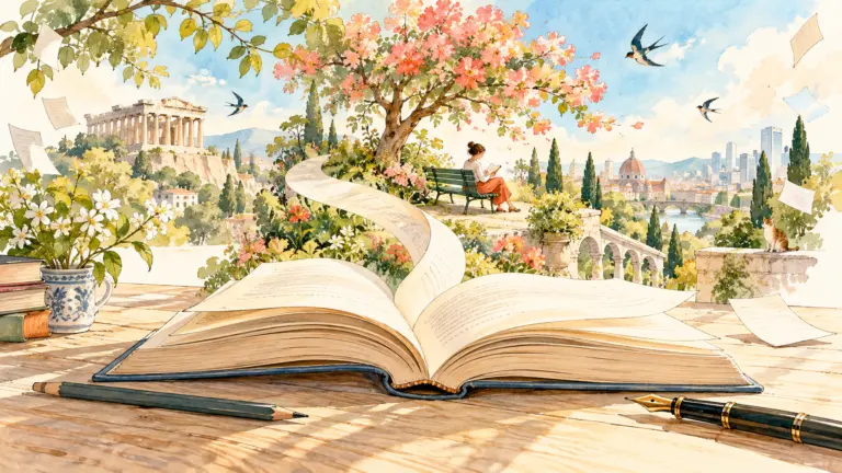 Ilustração em aquarela clara: um livro aberto se transforma em caminho por um jardim com flores e uma leitora