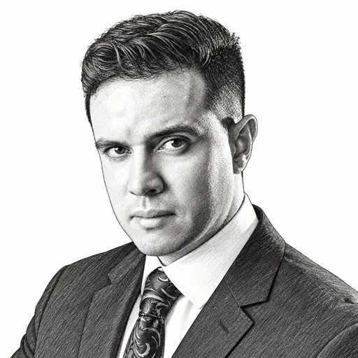 Dr. Lucas de Lima Sandes, advogado previdenciarista, em retrato editorial preto e branco.