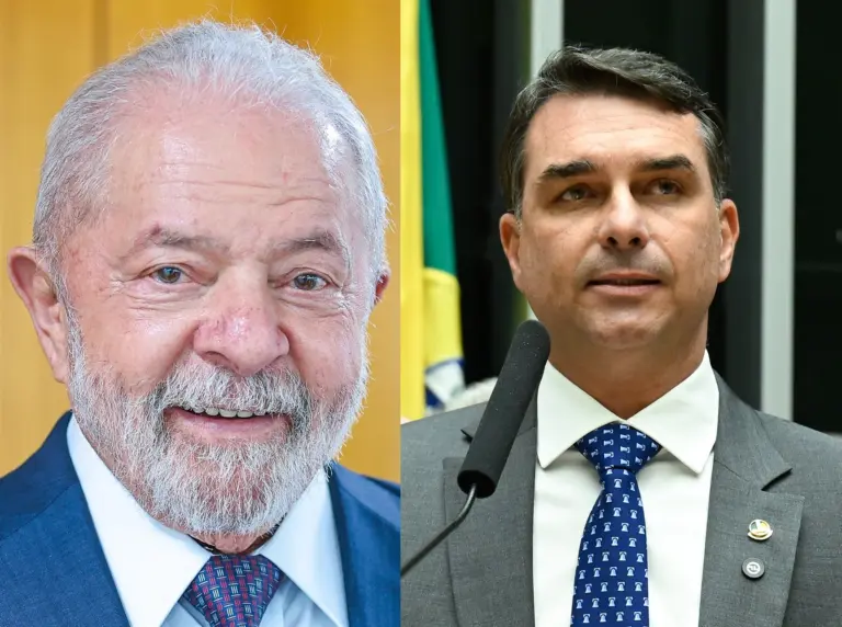Fotos de arquivo de Lula, à esquerda, e Flávio Bolsonaro, à direita, unidas lado a lado