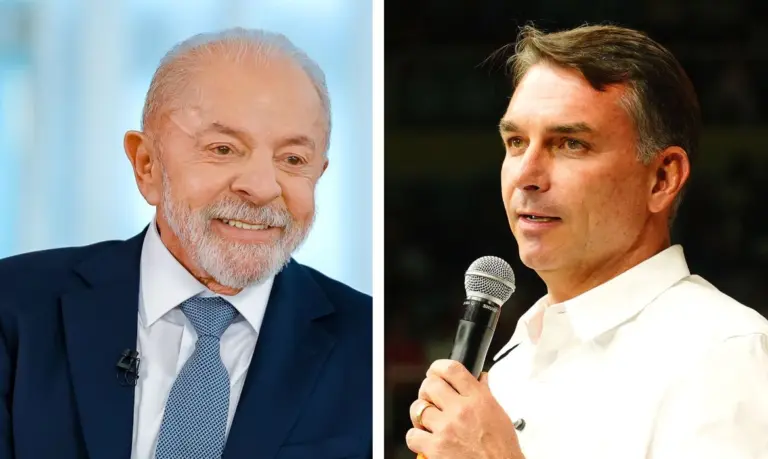 Montagem com fotografias de Lula, à esquerda, e Flávio Bolsonaro, à direita.