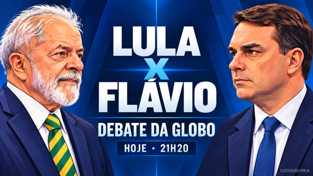 Lula com sorriso leve e gravata listrada verde e amarela frente a Flávio Bolsonaro, em arte do debate