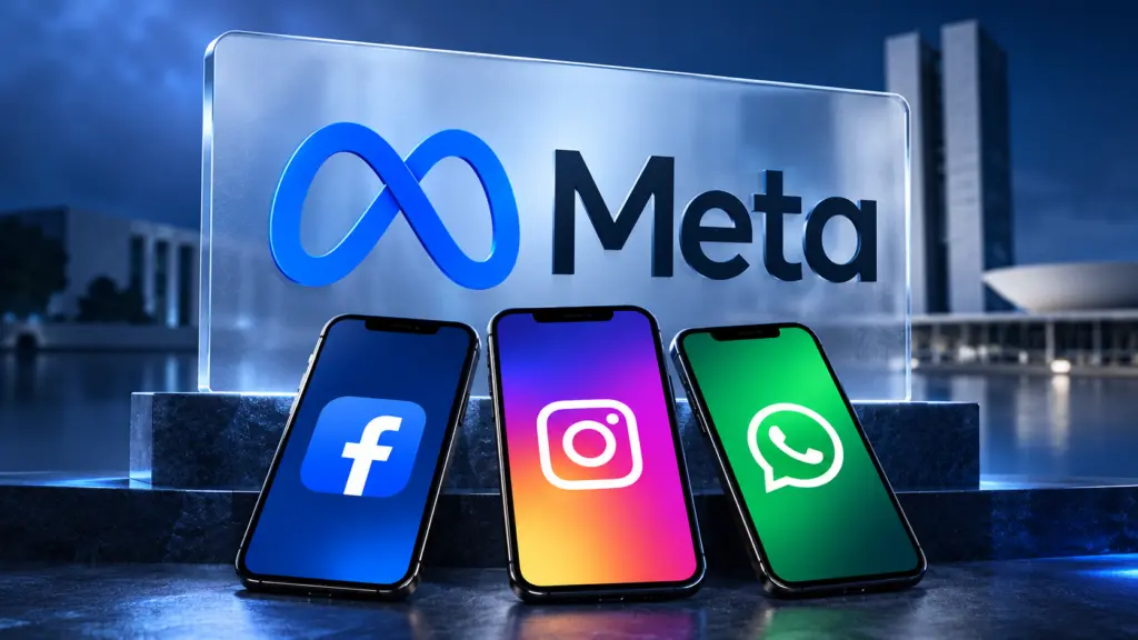 Montagem ilustrativa com a marca Meta e celulares exibindo Facebook, Instagram e WhatsApp