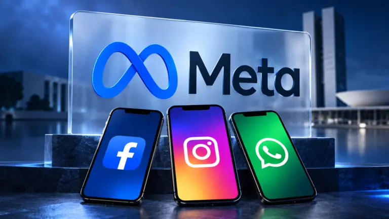Montagem ilustrativa com a marca Meta e celulares exibindo Facebook, Instagram e WhatsApp