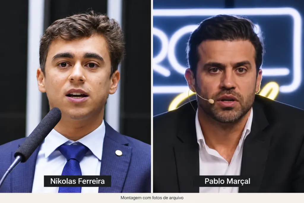 Montagem em tela dividida com fotografias de arquivo de Nikolas Ferreira à esquerda e Pablo Marçal à direita.